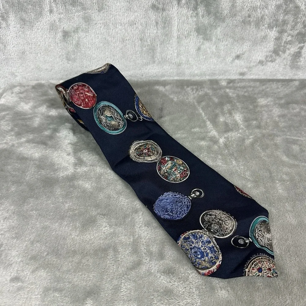 Theme Italy 100% Silk Neck Tie 3.25" x 59" Navy Blue w/ Vintage Pocket Watches - Picture 1 of 3